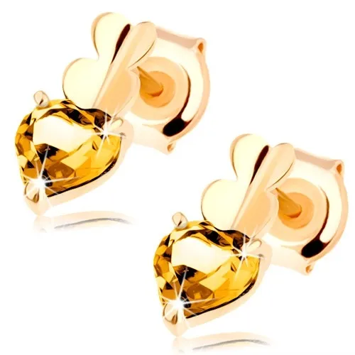 Náušnice ze žlutého 14K zlata se třemi srdci a citrínem