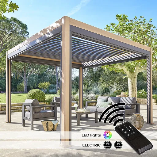 DEOKORK Zahradní hliníkový altán elektrický MEGAN 4x3 m (efekt dřeva)