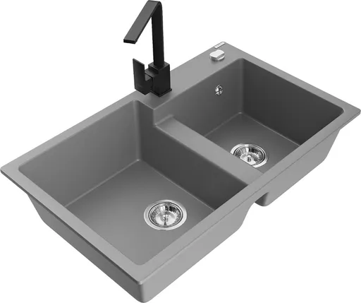 MEXEN/S Tomas granitový dřez 2-bowl včetně baterie Rita, šedá 6516-71-670300-70