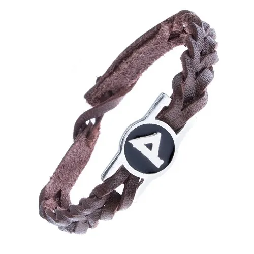 Úzký kožený náramek - hnědý, pletený, známka runa "Wunjo"