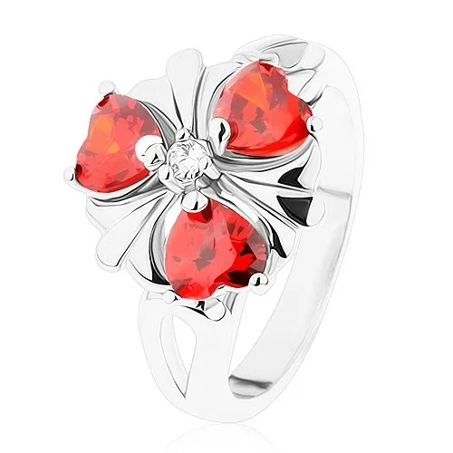 Prsten ve stříbrném odstínu, květ s oranžovými zirkonovými srdíčky - Velikost: 52
