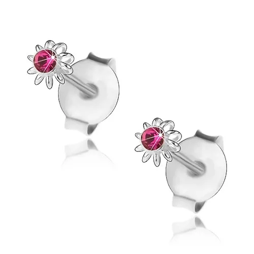 Náušnice ze stříbra 925, fuchsiový Swarovského krystalek, květ