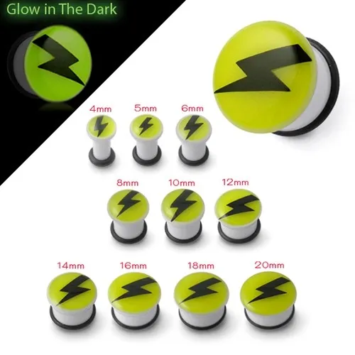 Plug do ucha svítící ve tmě - černý blesk na žlutém podkladu - Tloušťka : 10 mm