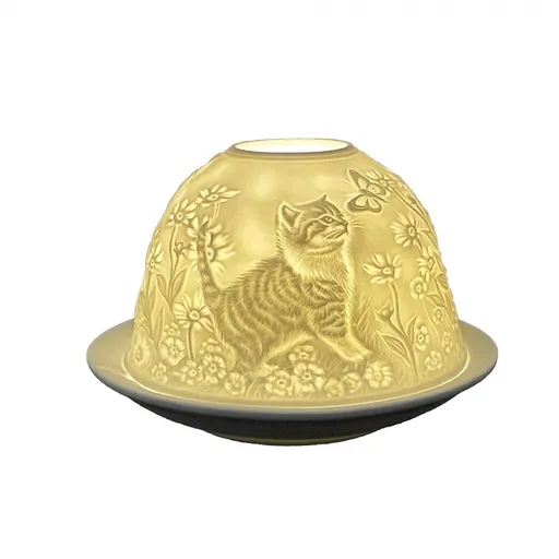 Bílý porcelánový svícen na čajovku s koťátky Paollo - Ø 12 * 8 cm Clayre & Eef