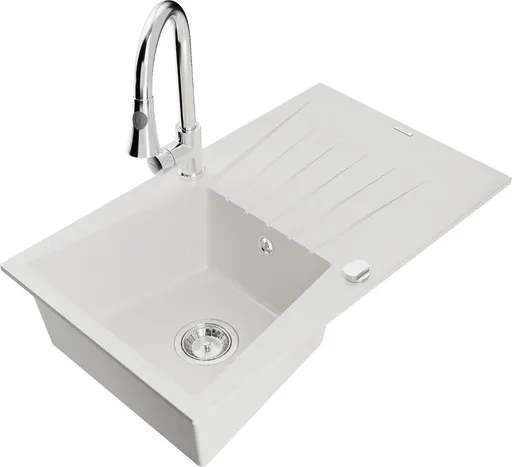 MEXEN/S Cesar granitový dřez 1 s odkapávačem včetně baterie Elia, bílá 6514-20-670101-00