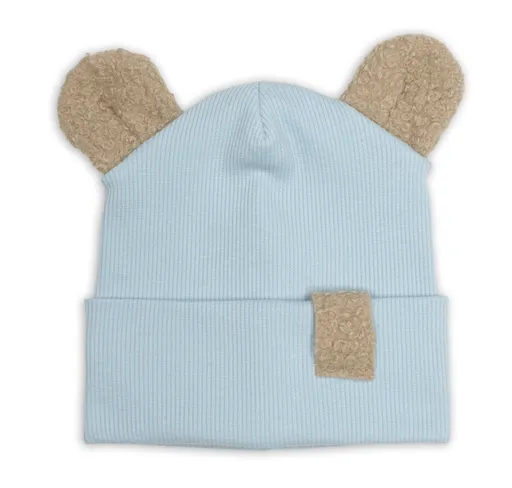 Baby Nellys Dvouvrstvá žebrovaná čepička s oušky boucle medvídek - modrá, 80/86