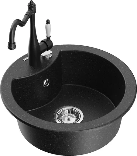 MEXEN/S Diego granitový dřez 1-miska včetně baterie Carla, černá/stříbrná metalik 6512-73-670700-70