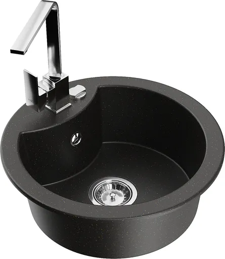 MEXEN/S Diego granitový dřez 1-miska včetně baterie Rita, černý/zlatý metalik 6512-75-670300-00