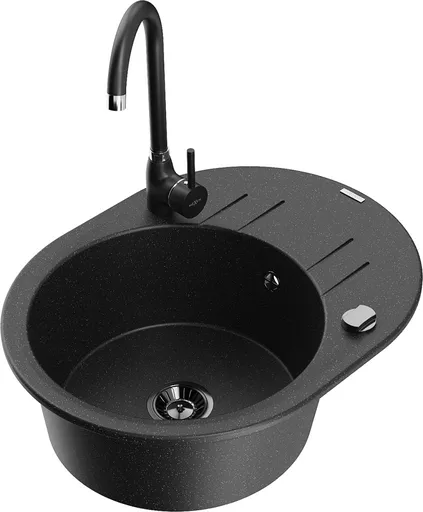 MEXEN/S Kevin granitový dřez s odkapávačem včetně baterie Telma, černá/stříbrná metalik 6517-73-670200-70-B