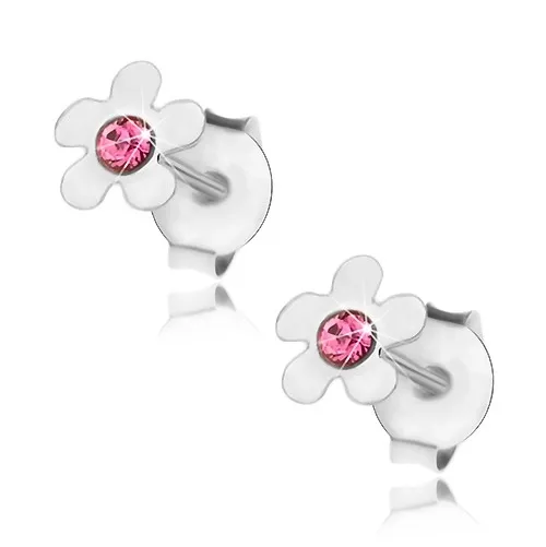 Stříbrné 925 náušnice, lesklý kvítek s růžovým krystalkem Swarovski