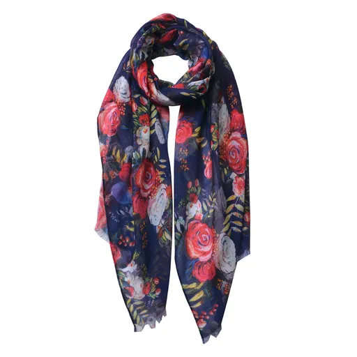 Modrý šátek s barevnými květy - 70*180 cm Clayre & Eef