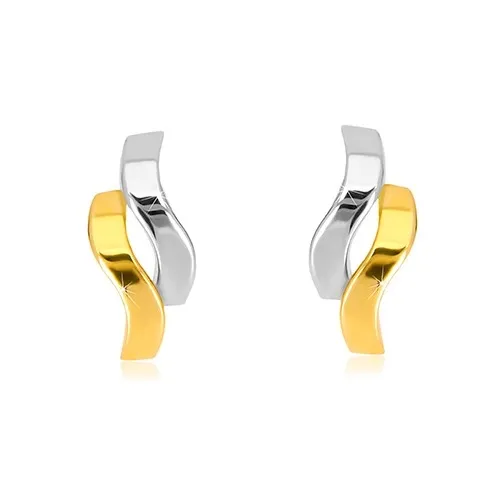 Náušnice z kombinovaného zlata 585 - lesklé dvoubarevné vlnky, puzetky