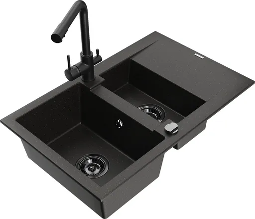 MEXEN/S Gaspar granitový dřez 1.5 s odkapávačem včetně baterie Duero, černá/zlatá 6507-75-671600-70-B