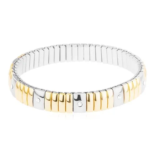 Ocelový náramek zlaté a stříbrné barvy, úzké a širší obdélníky, čiré zirkony