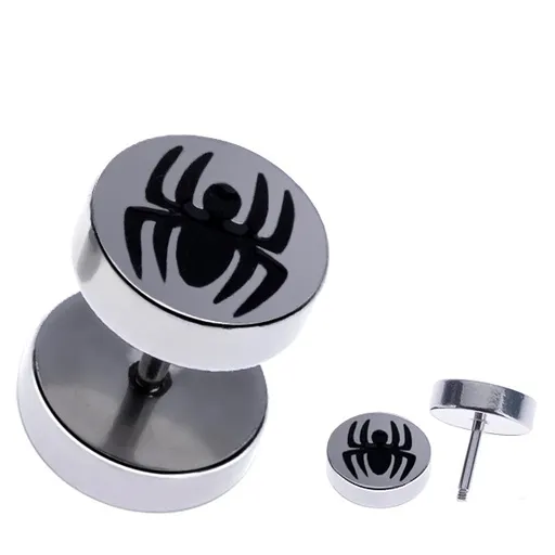 Kruhový ocelový fake plug do ucha, černý pavouk
