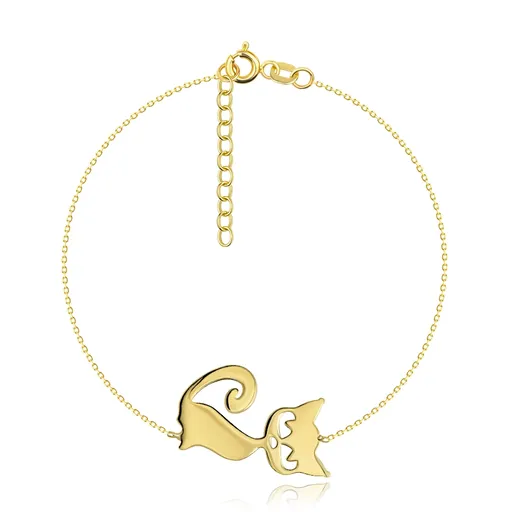 Zlatý náramek 585 - jemný blýskavý řetízek, plochý přívěsek - kočička