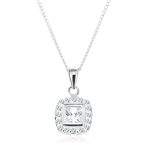 Stříbrný náhrdelník 925, přívěsek na řetízku, čirý zirkonový čtverec s lemem