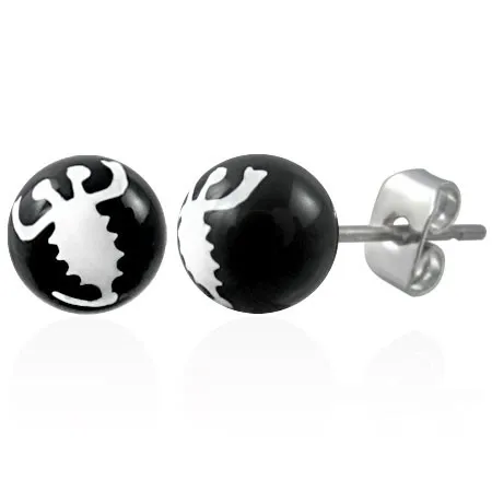 Černé náušnice z oceli - bílý škorpion