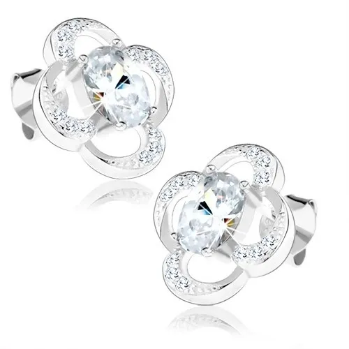 Náušnice ze stříbra 925, kontura kvítku s drobnými zirkony, broušený zirkon uprostřed, rhodiované