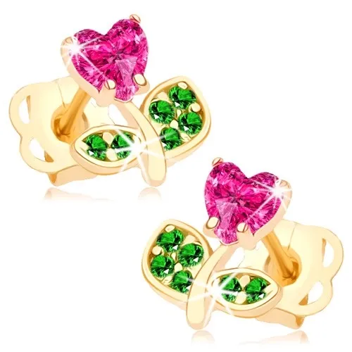 Náušnice ze žlutého 14K zlata - kvítek zdobený růžovým a zelenými zirkony