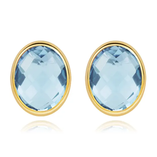 Náušnice ze žlutého 14K zlata - broušený modrý topaz, ovál, puzety