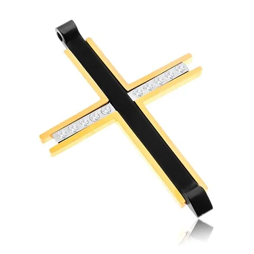 Přívěsek z chirurgické oceli - trojbarevný kříž s čirými zirkony