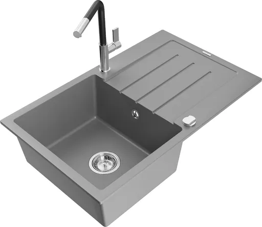 MEXEN/S Bruno granitový dřez 1 s odkapávačem včetně baterie Flora, šedá 6513-71-670401-07