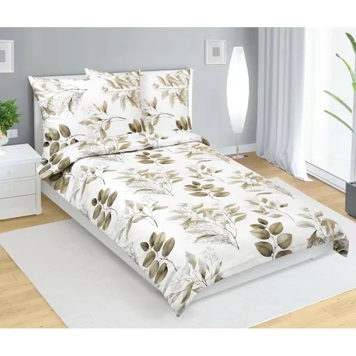Bellatex Saténové povlečení Listy hnědá, 140 x 220 cm, 70 x 90 cm