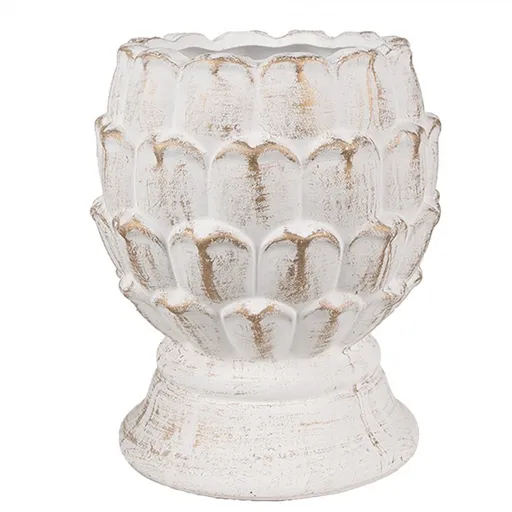 Bílo-zlatý cementový květináč ve tvaru šišky na podstavci M - Ø 15*18 cm Clayre & Eef