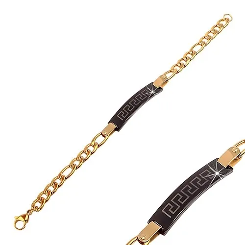 Náramek z chirurgické oceli, velká lesklá očka zlaté barvy, černá známka