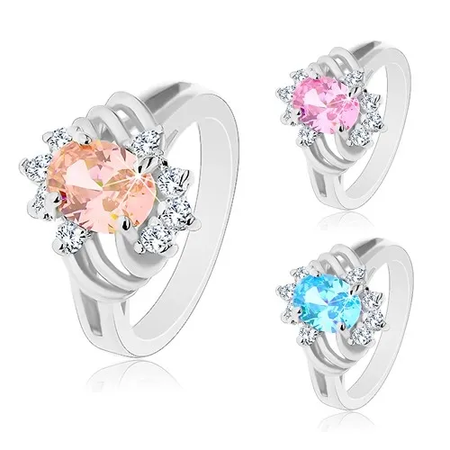 Blýskavý prsten stříbrné barvy, velký barevný ovál, tenké oblouky a čiré zirkony - Velikost: 48, Barva: Růžová