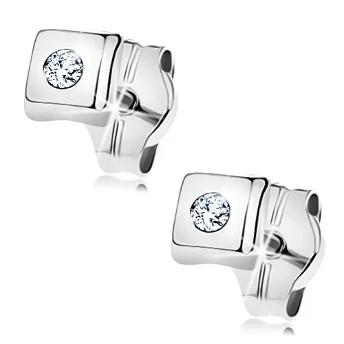 Diamantové náušnice z bílého 14K zlata - lesklý čtvereček, briliant čiré barvy