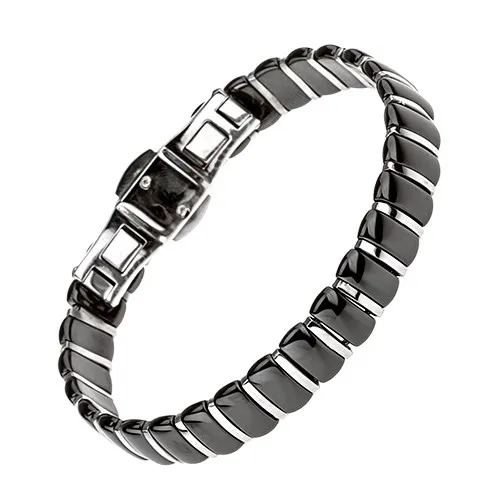 Náramek z černých keramických článků, úzké ocelové proužky