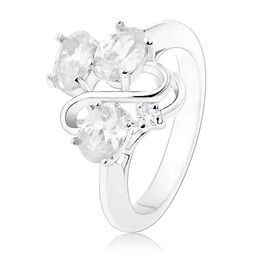 Prsten ve stříbrném odstínu, tři oválné čiré zirkony, lesklá vlnka - Velikost: 49