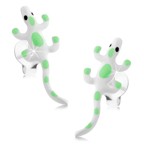 Stříbrné náušnice 925, bílé glazované ještěrky se zelenými tečkami