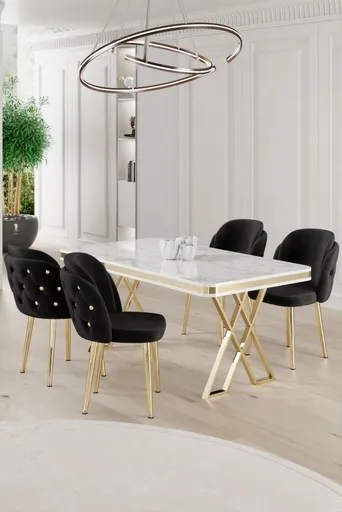 Dining Table & Chairs Set (5 Pieces) Rigel - White, Gold, Black