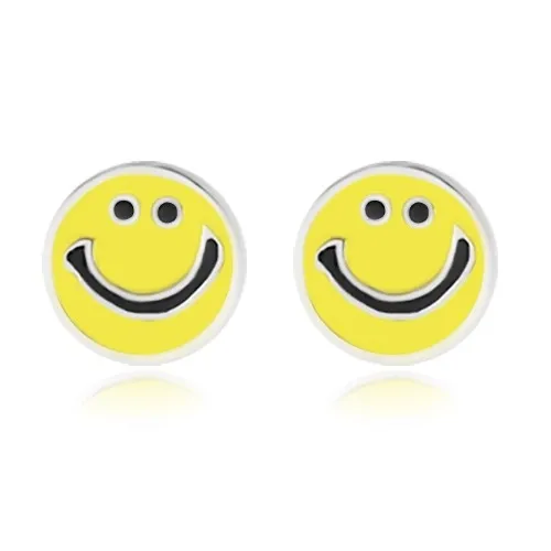 Stříbrné náušnice 925 - usmívající se smajlík zdobený žlutou glazurou, puzetky