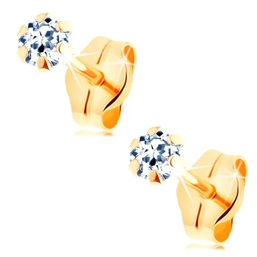 Náušnice ze žlutého 14K zlata - čirý zirkonek uchycený šesti tyčinkami, 3 mm
