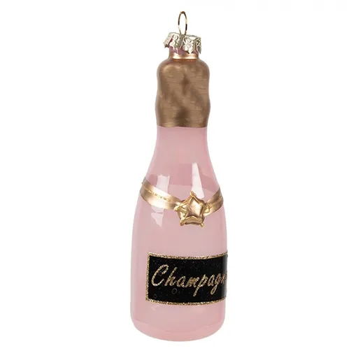Růžová vánoční skleněná ozdoba láhev šampaňské Champagne - Ø 4*12 cm Clayre & Eef