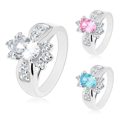 Prsten s lesklými rozšířenými rameny, barevný oválný zirkon, kulaté čiré zirkonky - Velikost: 50, Barva: Růžová