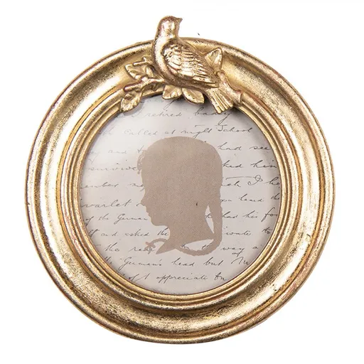 Zlatý kulatý fotorámeček s ptáčkem - 10*2*11 cm / Ø 8 cm Clayre & Eef