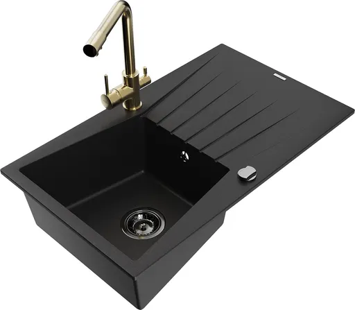 MEXEN/S Cesar granitový dřez s odkapávačem včetně baterie Duero, černá 6514-77-671600-50-B