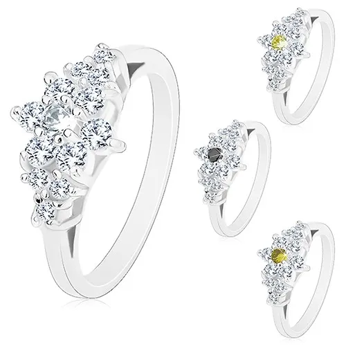 Prsten stříbrné barvy, třpytivý zirkonový kvítek s barevným středem - Velikost: 51, Barva: Čirá