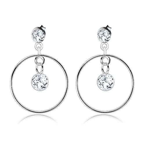 Stříbrné 925 náušnice, čirý krystalek Swarovski visící v tenkém kroužku