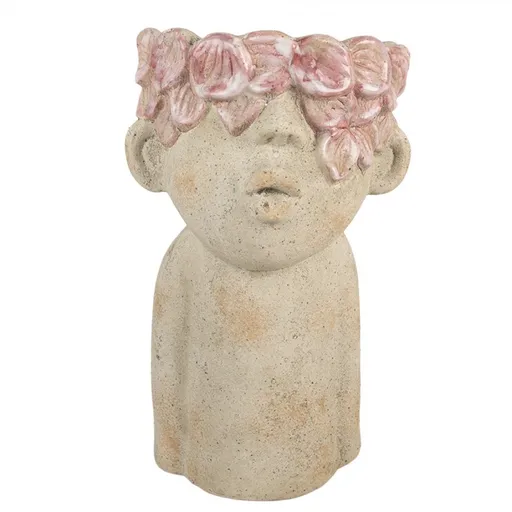 Béžový antik obal na květináč hlava ženy s květy Danaé L - 20*19*31 cm Clayre & Eef