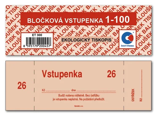 Tiskopis Bločkové vstupenky 13,3x3,9cm 100 čísel 100 listů BALOUŠEK
