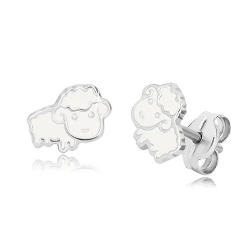 Puzetové náušnice se zvířecím motivem - bílá ovečka s glazurou, stříbro 925