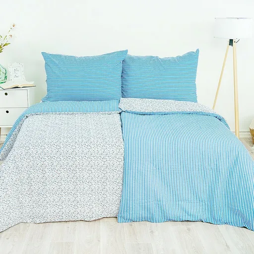 Stanex Krepové povlečení Kvítek-pruh modrá, 140 x 220 cm, 70 x 90 cm