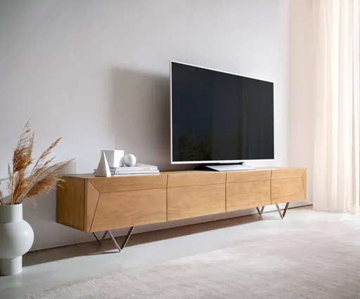TV stolek Kayu 220 cm přírodní akácie 4 dvířka podnož ve tvaru