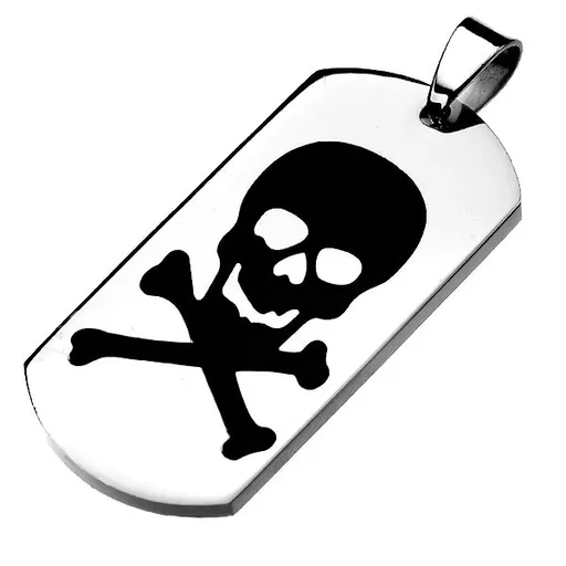 Ocelová známka stříbrné barvy, černá glazovaná lebka, překřížené kosti